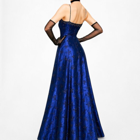 Vintage Blue Black Mesh Velvet Beaded Flared Maxi Prom Dress Size M - Picture 3 of 13